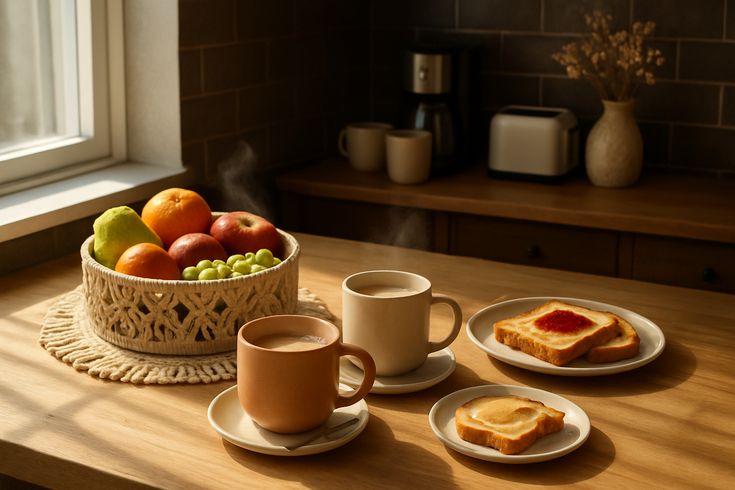 Stylized breakfast scene in warm cream and brown tones